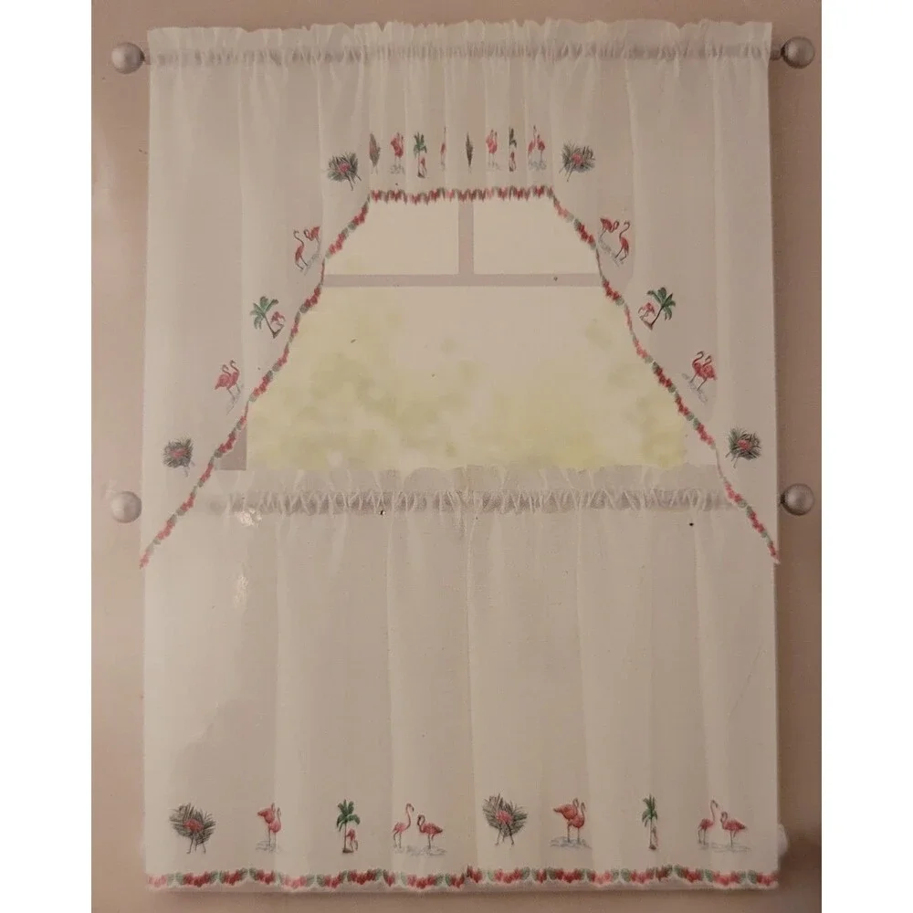 Renaissance Home Fashion Flamingo Embroidered Sheer Swag Pair 56x38 Rod Pocket